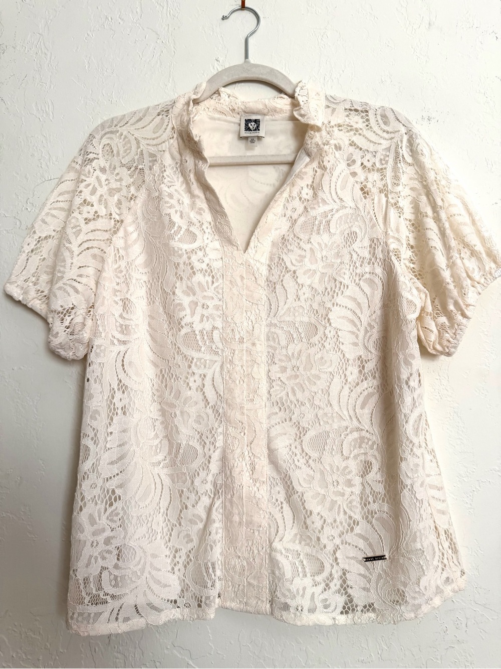Anne Klein Lace Split Neck Short Sleeve Blouse Ivory Cream XS NWOT